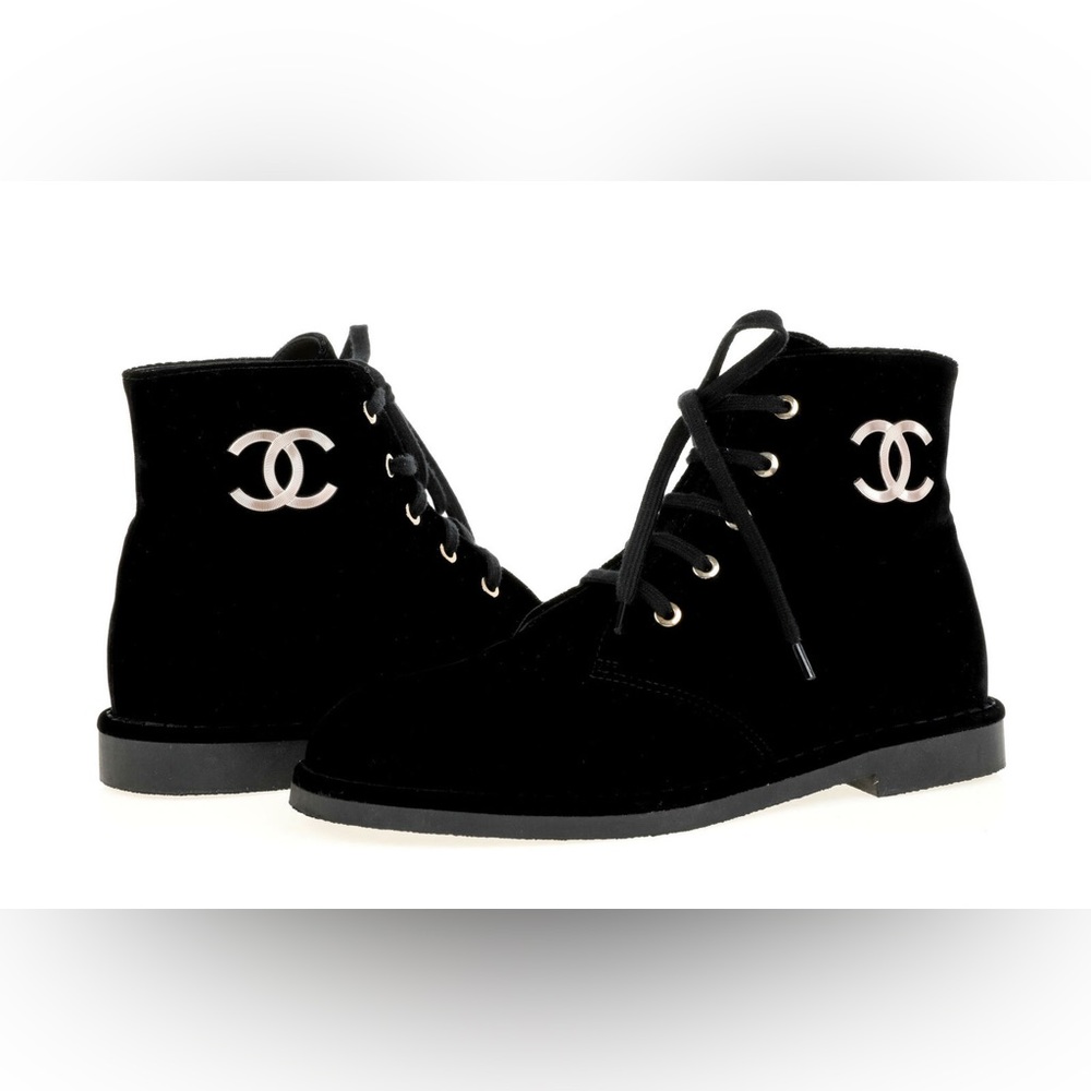 Chanel Velvet boots with gold metal CC logo
